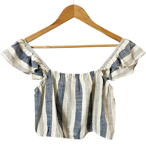 Alice + Olivia Celestia Size Small Striped Linen Blend Flutter Sleeve Crop Top - Picture 3 of 9